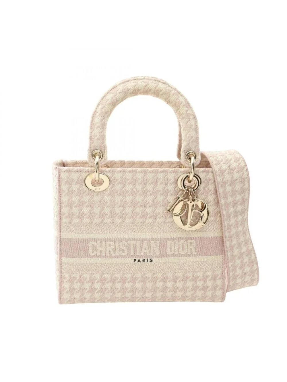 Dior Handbag Lady D-lite Houndstooth 2-Way Pink Ivory Canvas Tote